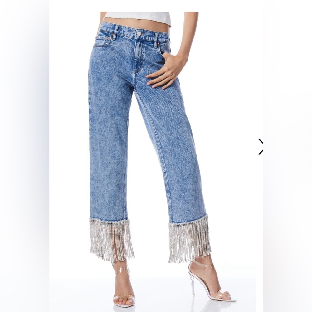 Alice + Olivia Boyfriend Rhinestone Jewel Fringe Trim Denim Wash Jeans